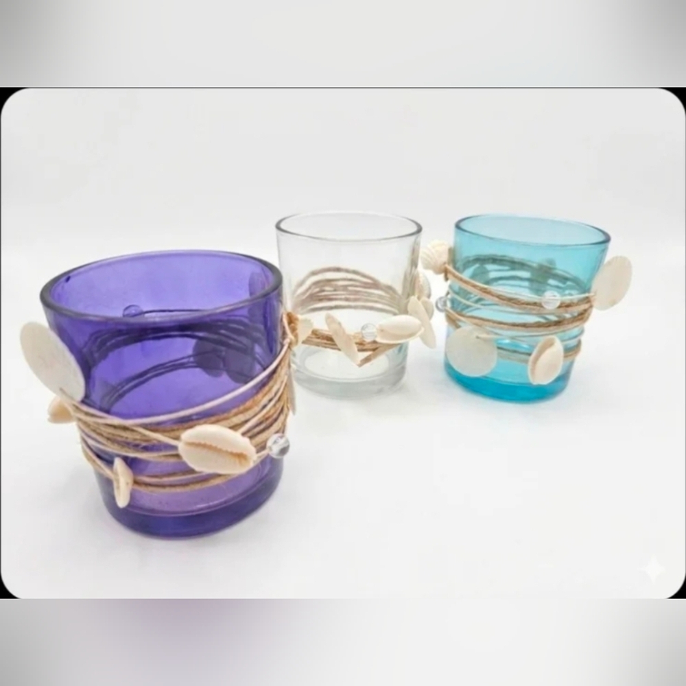 3 Coastal Shell Glass Candle Votive Set Blue Clear Purple